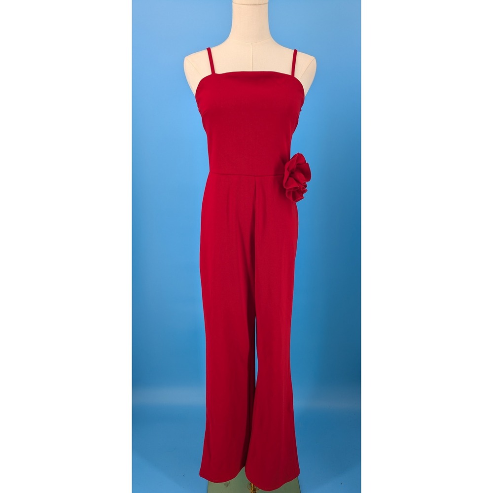 Almost Famous Jumpsuit Women Medium Red Rosette Flare Leg Spaghetti Strap Formal